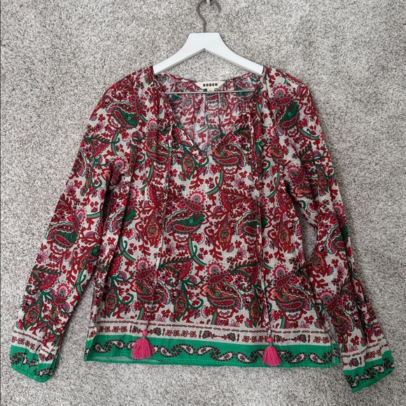 Boden Tops - Boden Serena Paisley Print Cotton Split Neck Top in Pink & Green - Size 6
